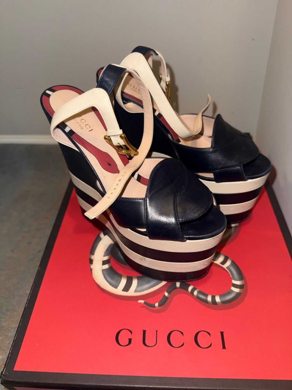 Gucci Navy and Cream Striped Platform Wedges